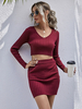 Ensemble Top et Jupe Femmes Unicolore Top à Col V avec Manches Longues Taille Haute Jupe Droite Moulante en Côtelés Ensemble Top et Pantalons Femmes