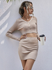 Ensemble Top et Jupe Femmes Unicolore Top à Col V Fermeture avec Boutons avec Manches Longues Taille Haute Jupe Droite Moulante en Côtelés Ensemble Top et Pantalons Femmes