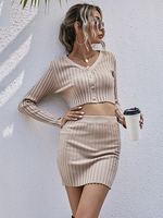 Ensemble Top et Jupe Femmes Unicolore Top à Col V Fermeture avec Boutons avec Manches Longues Taille Haute Jupe Droite Moulante en Côtelés Ensemble Top et Pantalons Femmes