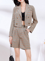 Ensembles 2 Pièces Femmes Imprimés Carreaux Veste Blazer à Col Revers avec Manches Longues Shorts Décontractés Cousu Tricolores