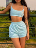 Ensembles de deux pièces bleu ciel clair bretelles en polyester cou tuyauterie sans manches décontracté cami top shorts tenue dété pour les femmes