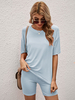 Ensembles de deux pièces bleu clair pour les femmes Polyester col bijou manches longues chemisier short tenue décontractée