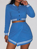 Ensembles de deux pièces bleu polyester bijou col boutons décontracté haut à manches longues tenue pour les femmes