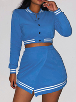 Ensembles de deux pièces bleu polyester bijou col boutons décontracté haut à manches longues tenue pour les femmes