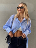 Ensembles de deux pièces bleu Polyester boutons rayures motif été manches longues col rabattu chemisier extensible pantalon décontracté tenue