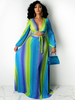 Ensembles de deux pièces bleu vert polyester col en V Ombre à lacets plissé manches longues Maxi tenue pour les femmes