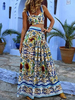 Ensembles de deux pièces bretelles en polyester bleu ciel clair cou imprimé haut sexy sans manches avec jupe longue tenue femme