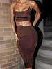 Ensembles de deux pièces bretelles en polyester marron foncé cou sans manches détails en métal chaînes haut décontracté jupe longue femme tenue