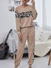 Ensembles de deux pièces; café; coton; polyester; marron; col bijou; bloc de couleur; imprimé léopard; haut sexy avec pantalon