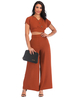 Ensembles de deux pièces café marron polyester col en V décontracté pantalon évasé manches courtes chemisier tenue dété
