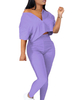 Ensembles de deux pièces en coton violet à col en V Sexy Crop Top à volants avec un pantalon skinny taille haute