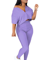Ensembles de deux pièces en coton violet à col en V Sexy Crop Top à volants avec un pantalon skinny taille haute