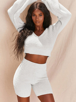 Ensembles de deux pièces en mélange de coton blanc Tenue décontractée dhiver à manches longues et col en V pour les femmes