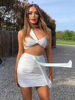 Ensembles de deux pièces en polyester blanc à une épaule nouée jupe sexy plissée tenue sans manches pour les femmes