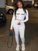 Ensembles de deux pièces en polyester blanc lettres à col haut imprimé pantalons décontractés à manches longues tenue pour les femmes