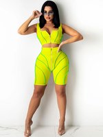 Ensembles de deux pièces en polyester jaune fermeture à glissière à col en V pantalon sexy sans manches tenue pour femme