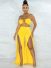 Ensembles de deux pièces en polyester jaune sans bretelles à lacets devant fendu pantalon décontracté haut sans manches femme tenue