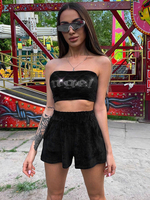 Ensembles de deux pièces en polyester noir sans bretelles strass pantalons décontractés sans manches tenues pour femmes