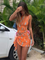 Ensembles de deux pièces en polyester orange à col bijou imprimé floral noué devant fendu jupe décontractée sans manches tenue dété