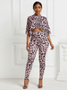 Ensembles de deux pièces en polyester rose clair col haut imprimé animal noué demi-manches chemisier pantalon femme tenue