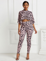 Ensembles de deux pièces en polyester rose clair col haut imprimé animal noué demi-manches chemisier pantalon femme tenue