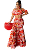 Ensembles de deux pièces en polyester rouge à col bateau imprimé floral à manches courtes plissé Sexy Tube Top femmes