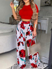 Ensembles de deux pièces en polyester rouge plissé floral imprimé été manches courtes bijou cou couché gilet décontracté gilet long pantalon femme tenue