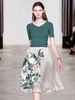 Ensembles de deux pièces en polyester vert col en V imprimé floral manches courtes jupe supérieure décontractée femme tenue