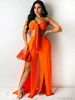 Ensembles de deux pièces Orange paillettes à lacets pantalons sexy printemps sans manches sans bretelles dos nu Maxi robe tenue pour les femmes