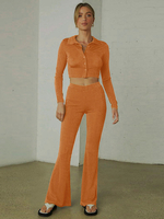 Ensembles de deux pièces Orange Polyester Col rabattu Boutons Pantalons décontractés Tenue à manches longues pour les femmes