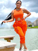 Ensembles de deux pièces Orange Polyester Plissé Décontracté Gilet Automne Sans Manches Bijou Cou Couches Tenue Femme