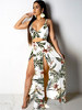 Ensembles de deux pièces pour femmes blanc Polyester col en V imprimé floral fendu devant gilet Sexy sans manches tenue Sumemr