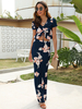Ensembles de deux pièces pour femmes bleu marine foncé Polyester plissé imprimé floral été manches courtes col en V bohème T-Shirt bohème jupe longue tenue dété