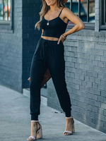 Ensembles de deux pièces pour femmes bretelles en polyester rose cou pantalon décontracté tenue dété sans manches