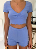 Ensembles de deux pièces pour femmes en polyester bleu à col en U à lacets jupe décontractée plissée à manches courtes