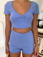 Ensembles de deux pièces pour femmes en polyester bleu à col en U à lacets jupe décontractée plissée à manches courtes