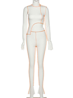 Ensembles de deux pièces pour femmes Pantalon décontracté en polyester blanc Automne Manches longues Tenue asymétrique à col montant