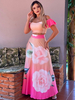 Ensembles de deux pièces pour les femmes Rose Polyester Plissé Imprimé Floral Sexy Été Manches Courtes Bateau Cou Dos Nu Outfit