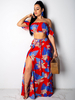 Ensembles de deux pièces pour les femmes Rouge Polyester Bateau Cou Imprimé Floral Plissé Manches Courtes Haut Sexy Jupe Longue Tenue Dété