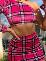 Ensembles de deux pièces Rose à carreaux Motif à carreaux en polyester à une épaule Jupe décontractée à manches longues Tenue dété