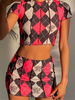 Ensembles de deux pièces Rose Polyester Passepoil Motif à carreaux Jupe supérieure décontractée Été Manches courtes Col bijou Tenue moulante asymétrique