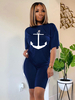 Ensembles de deux pièces Short de sport en polyester bleu foncé à manches courtes T-shirt à col bijou Tenue dété