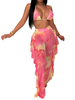 Ensembles de deux pièces Soutien-gorge sexy en polyester rose à épaules dénudées et teinture par nœuds avec un pantalon transparent à volants