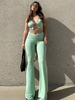 Ensembles de deux pièces vert menthe polyester licou plissé à lacets sans manches rose pantalon décontracté tenue pour les femmes
