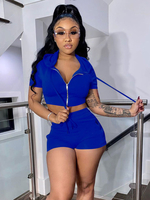 Ensembles de vêtements de sport bleu athlétique Lycra Spandex manches courtes T-shirt à capuche Shorts Ensemble 2 pièces