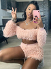 Ensembles Deux Pièces avec Franges Femmes Top Courts avec Manches Longues avec Epaules Dénudées Shorts Courts Elastique à Lacets Unicolore Sexy
