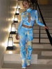 Ensembles deux pièces bleu ciel clair polyester col haut imprimé détails en métal œillets pantalons décontractés manches longues tenue femme