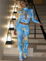 Ensembles deux pièces bleu ciel clair polyester col haut imprimé détails en métal œillets pantalons décontractés manches longues tenue femme