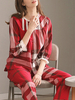 Ensembles Deux Pièces en Carreaux Femmes Top et Pantalons à Col Rond avec Manches Mi-longues Volantes Cousu en Dentelles Pantalons Longs Droits Comfortables Rouge