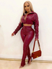 Ensembles deux pièces en cuir PU bordeaux avec col rabattu et tenue sexy à manches longues pour femmes